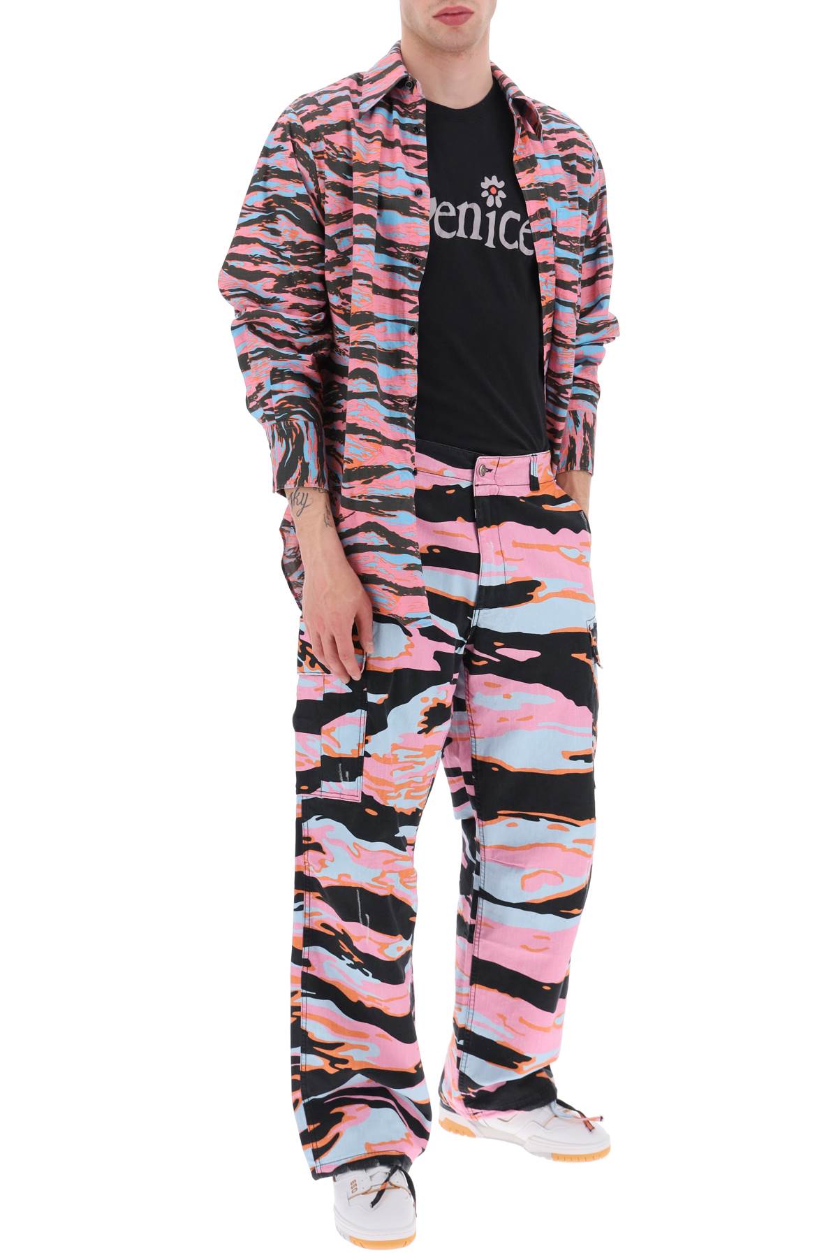 Shop Erl Camouflage Cargo Pants In Black,pink,light Blue