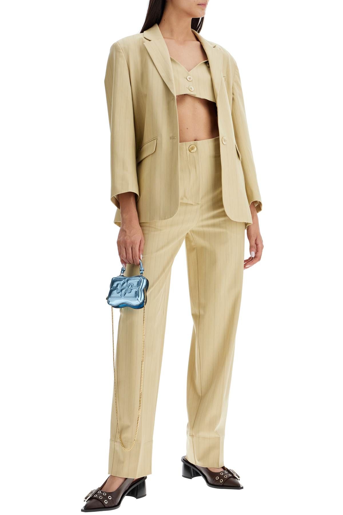 Shop Ganni Striped Tapered Trousers In Beige