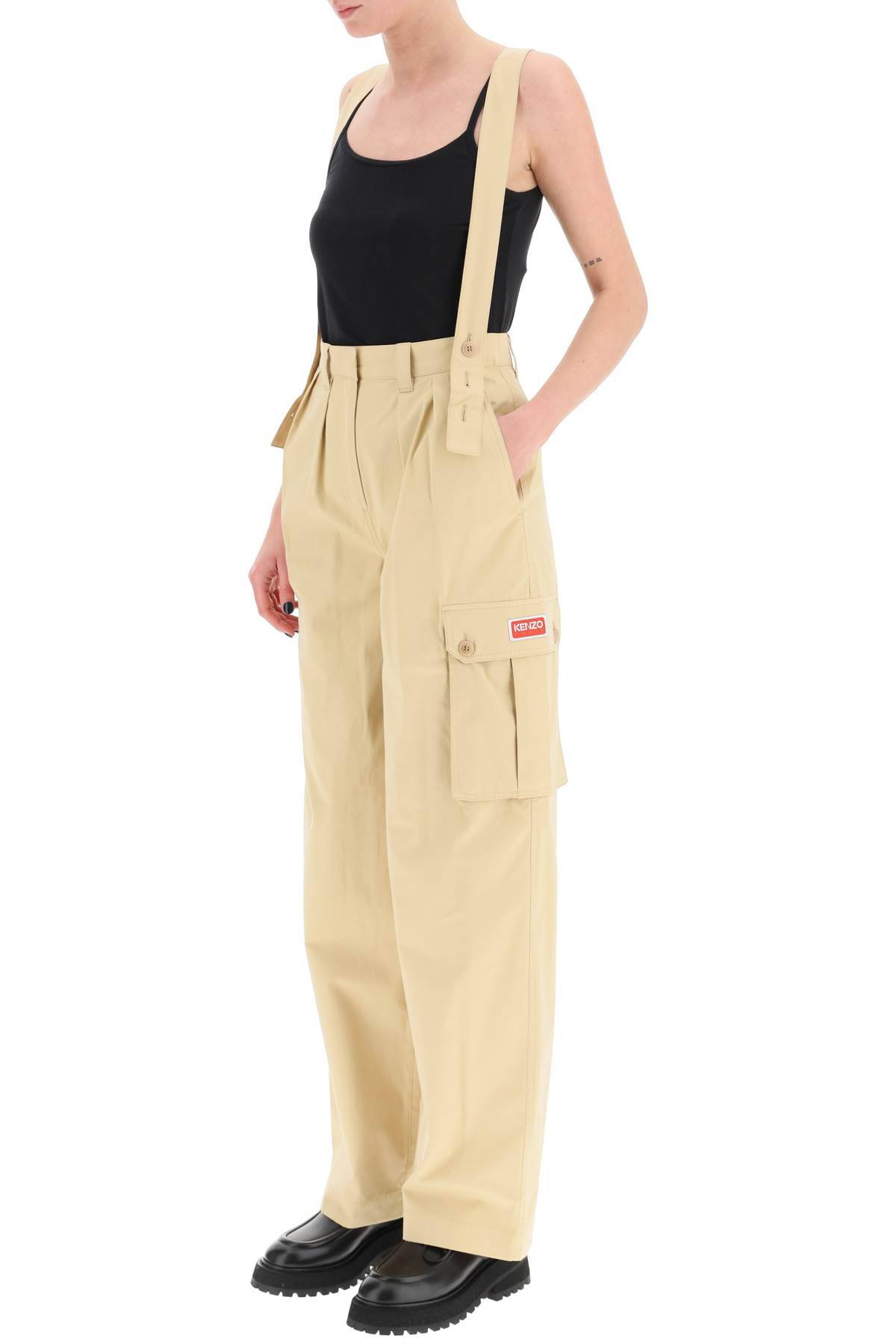 Shop Kenzo Cotton Cargo Pants With Suspenders In Beige