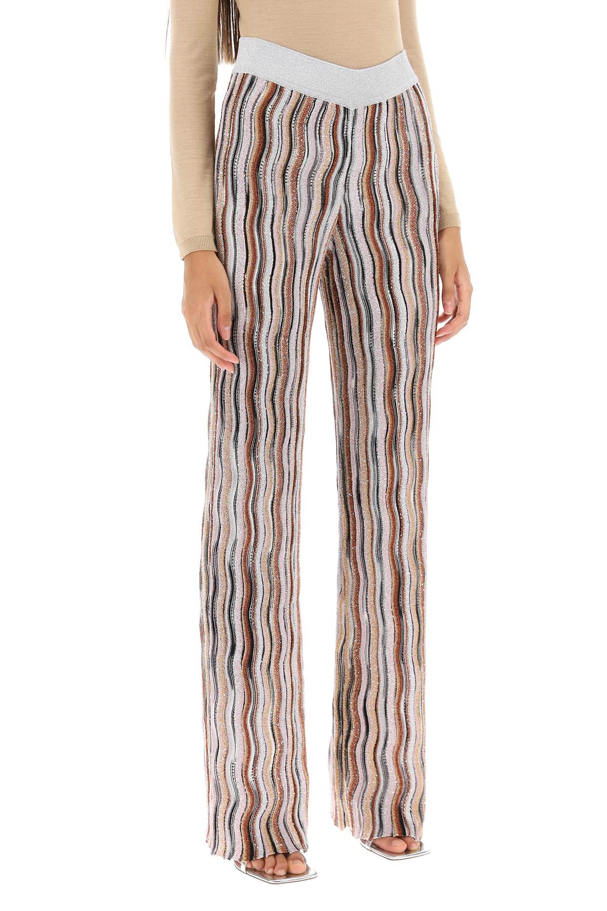Shop Missoni Sequined Knit Pants With Wavy Motif In Metallic,multicolor