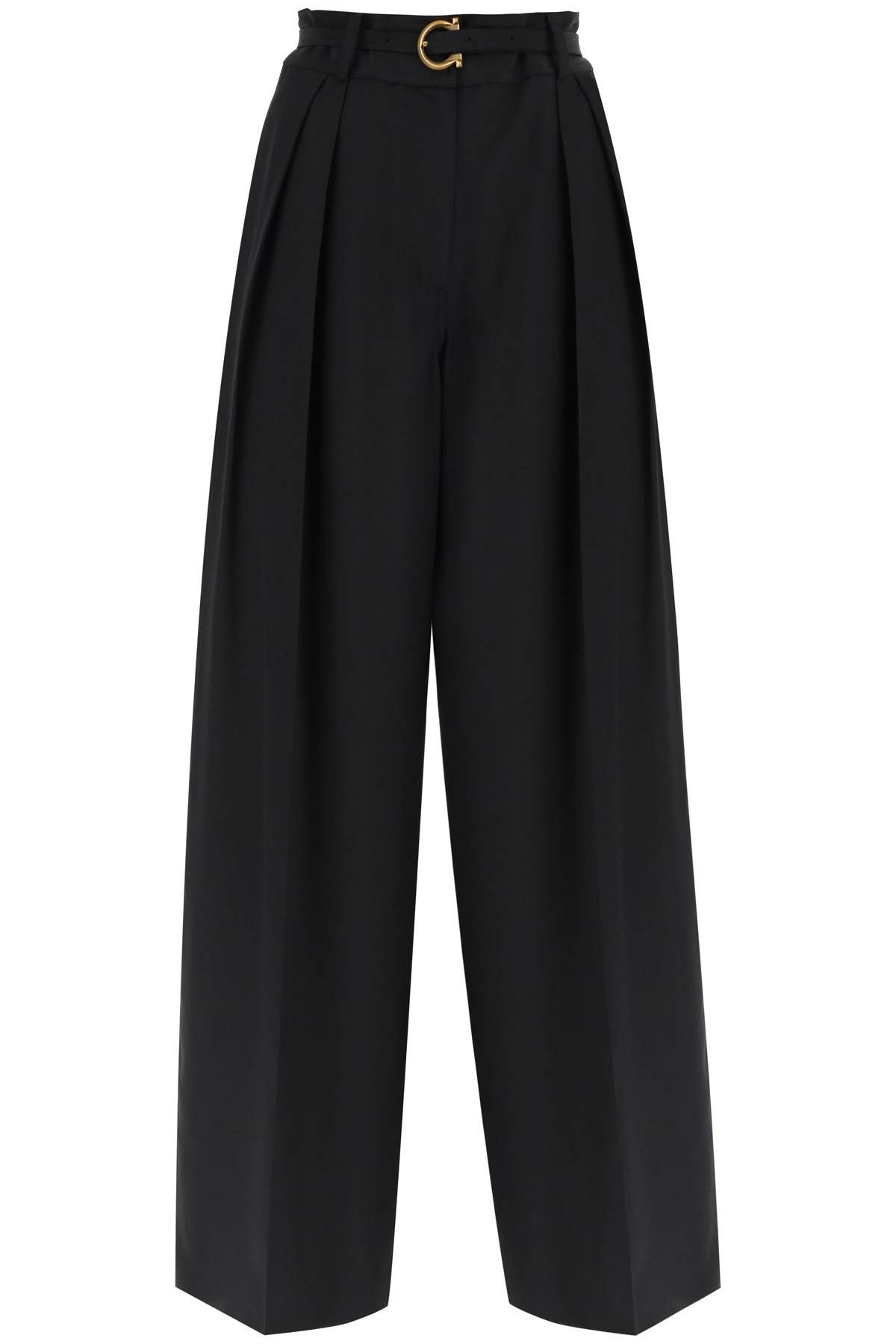 Shop Ferragamo Silk Trousers With Gancini Belt In Black
