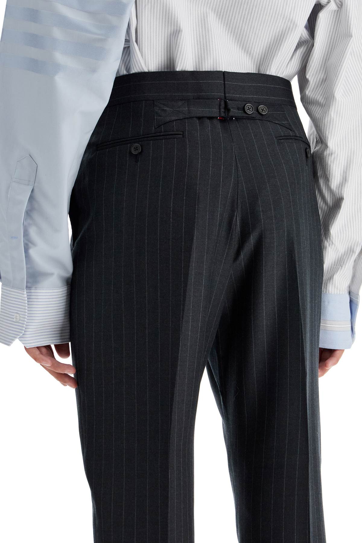 Shop Thom Browne Striped Wool Trousers In Grey