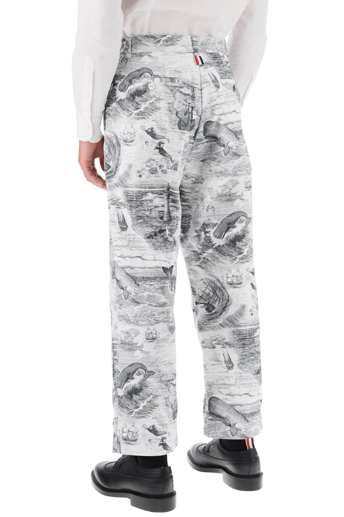 Shop Thom Browne Cropped Pants With 'nautical Toile' Motif In White,black