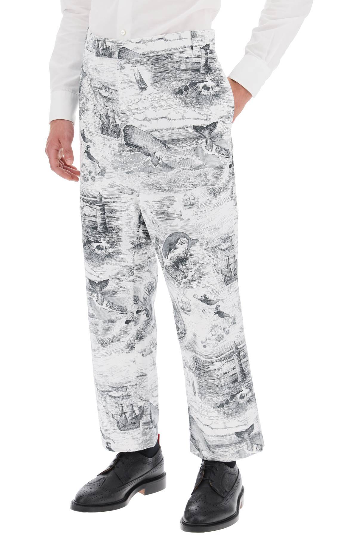 Shop Thom Browne Cropped Pants With 'nautical Toile' Motif In White,black